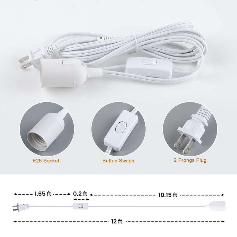 Simple Deluxe 12 Feet Extension Hanging Lantern Pendant Light Cord with E26 Socket, Featuring an On/Off Switch(Bulb Not Included) White/1 Pack