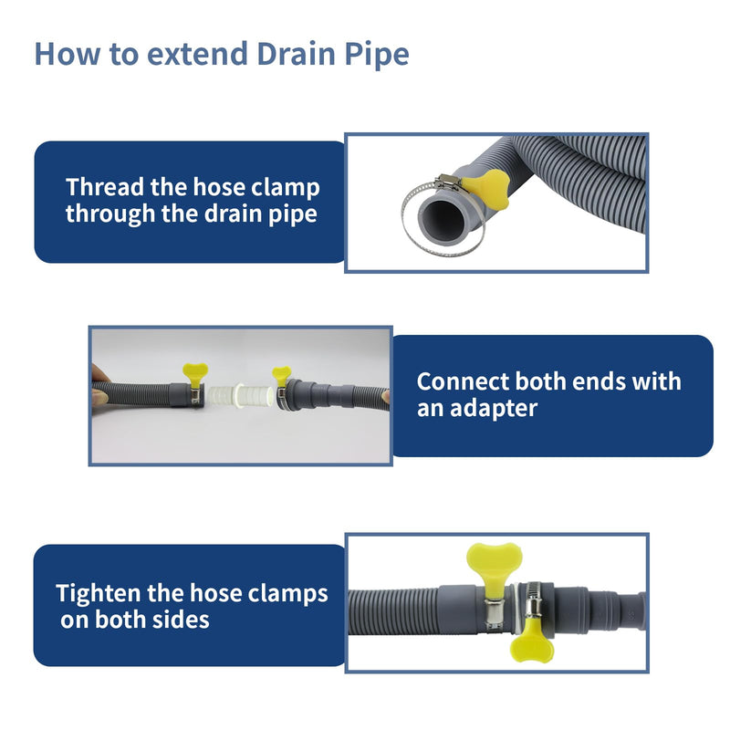 3.2 FT Washing Machine Drain Hose, Flexible Dishwasher Drain Hose Extension Kit, Universal Washer Drain Hose, Corrugated Washer Hose with 1 Adapter, 2 Hose Clamps, 1 U-Bend Hose Holder 3.2 FT