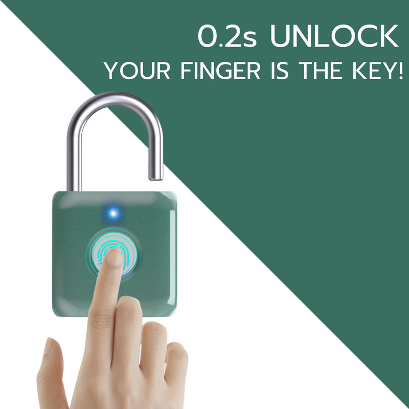 Pothunder Fingerprint Padlock, Smart Metal Keyless Fingerprint Lock, Waterproof, USB Rechargeable, for Gym, School, Luggage, Backpack, Suitcase, Green