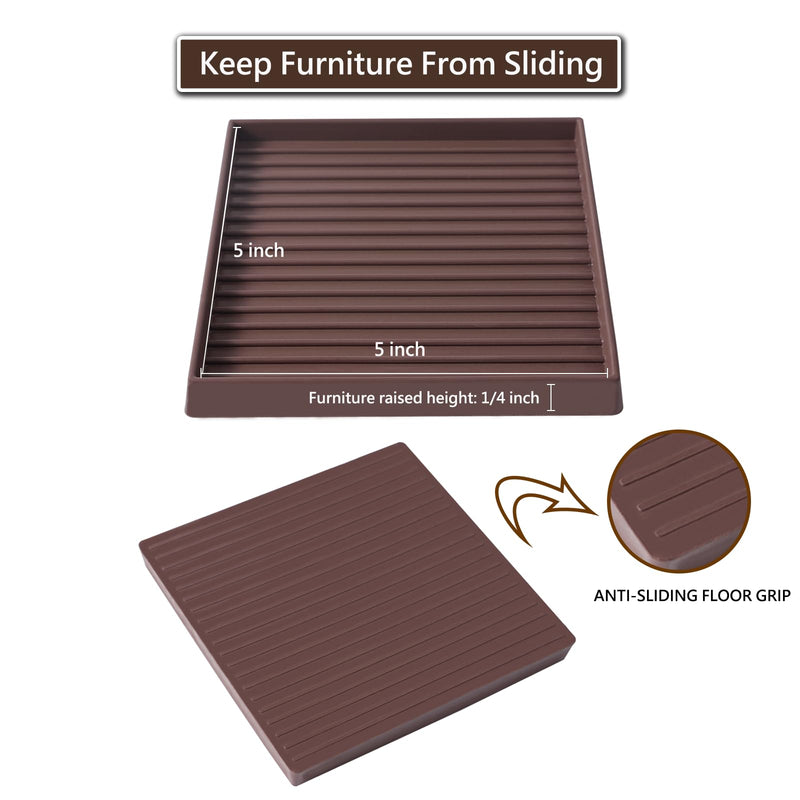 5x5 Square Rubber Furniture Caster Cups, Anti-Sliding Furniture Pads Bed Stopper Floor Protectors with Grip - Protect Any Flooring 5"x5" 4 Pcs Brown