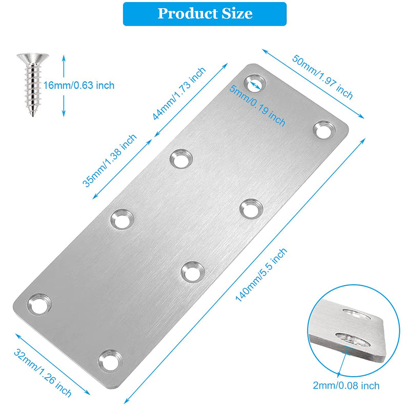 4 Pcs Flat Mending Plate Stainless Steel Flat Bracket 140mm x 50mm Metal Straight Brace Repair Joining Fixing Bracket for Wood, with Screws
