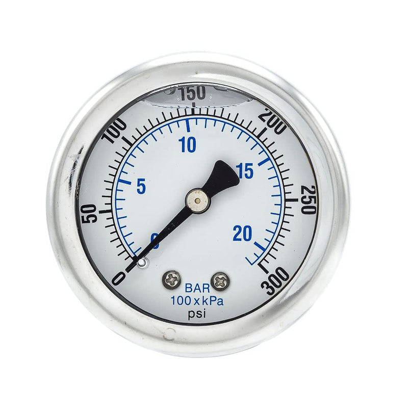 Liquid Filled Center Back Mount Pressure Gauge with 2" Dial, 0-300 PSI, 1/8" Male NPT Connection, Stainless Steel CASE and Bezel (1)