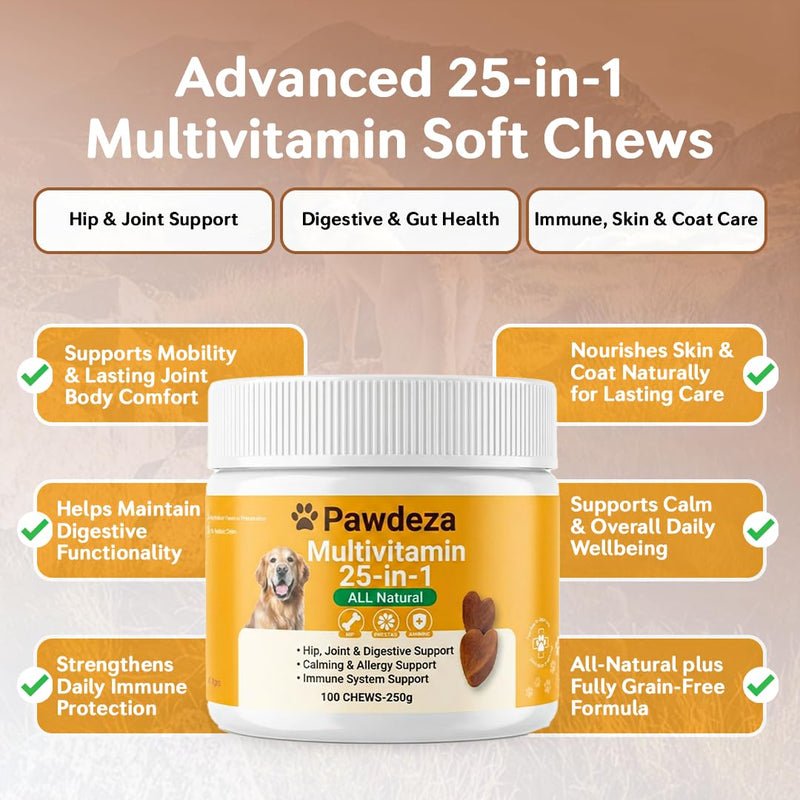 25-in-1 Dog Multivitamin Soft Chews – Hip & Joint, Skin & Coat, Immune, Digestive & Calming Support – 500M CFU Probiotics, Salmon Oil, Glucosamine & Chondroitin