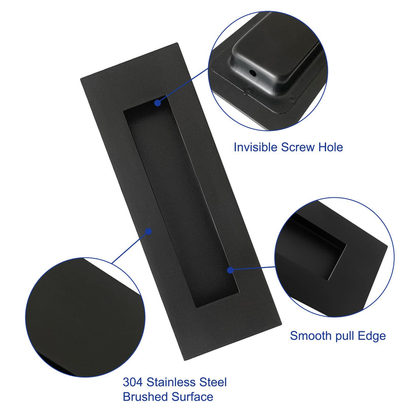 Hadnles Recessed Finger Flush Pulls - Fit Wardrobe, Pocket, Sliding Barn, Bifold Doors & More - Stainless Steel Brushed Rectangular Door Pull Hardware (6 INCH, Black - 2 Pack) 6 Inch Black- 2 Pack