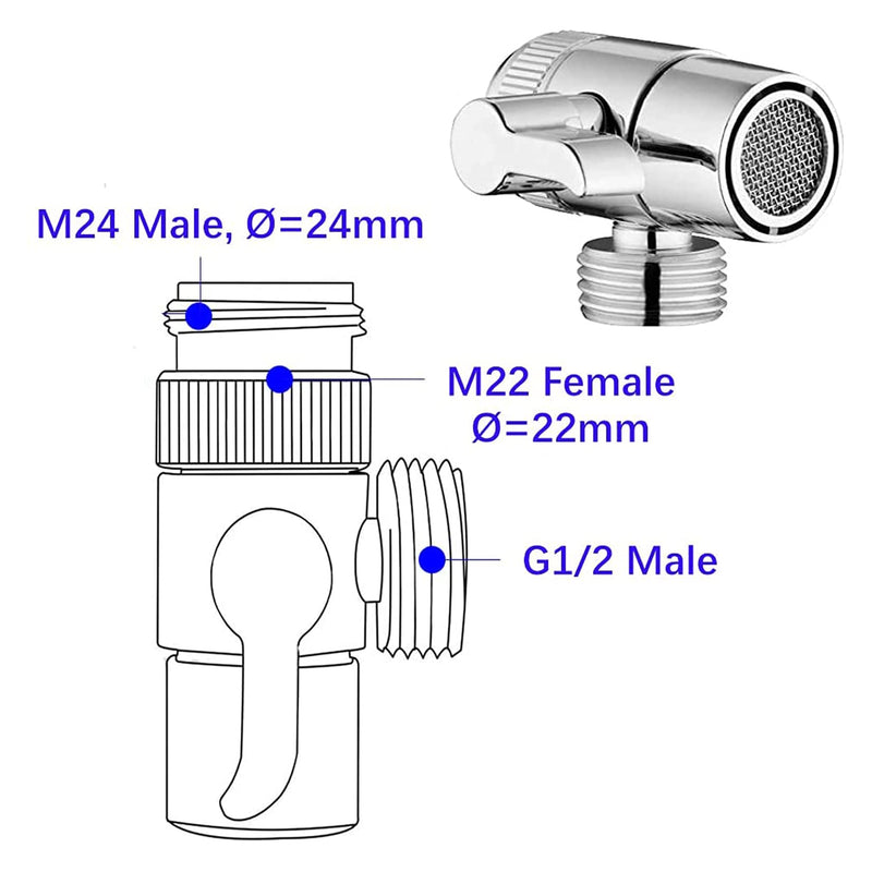 Faucet Diverter Valve with Aerator, 3-Way Diverter Valve for Hand Held Shower, Sink Faucet Splitter for Kitchen and Bathroom, with 55/64'', 15/16'', G1/2” Adapters Sliver with 3 Adapters