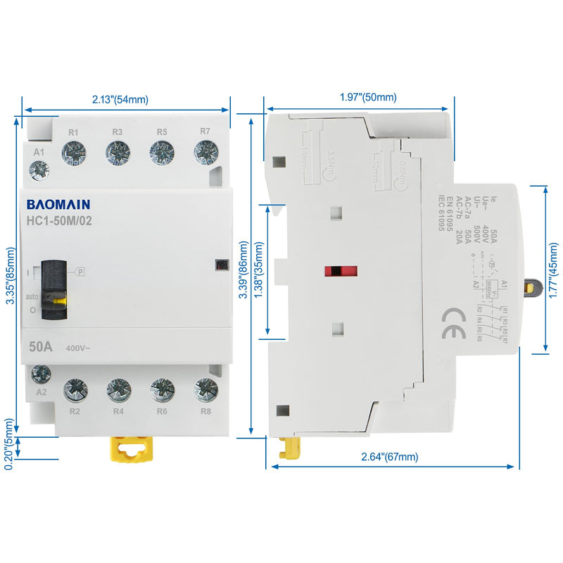 Baomain 110V AC 4-Pole Contactor, 50A 4NC Normally Closed, DIN Rail Mount - Manual & Automatic Switchable for HVAC, Motor, Pump, Lighting HC1-50M/04-110VAC 50 Amp. 110 VAC(Manual Control)