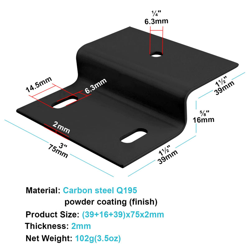 10 PCS Black Z Bracket Double Angle Channel Profile Corner Brace Mounting, Steel Furniture Support Connectors, Thickness 2 mm