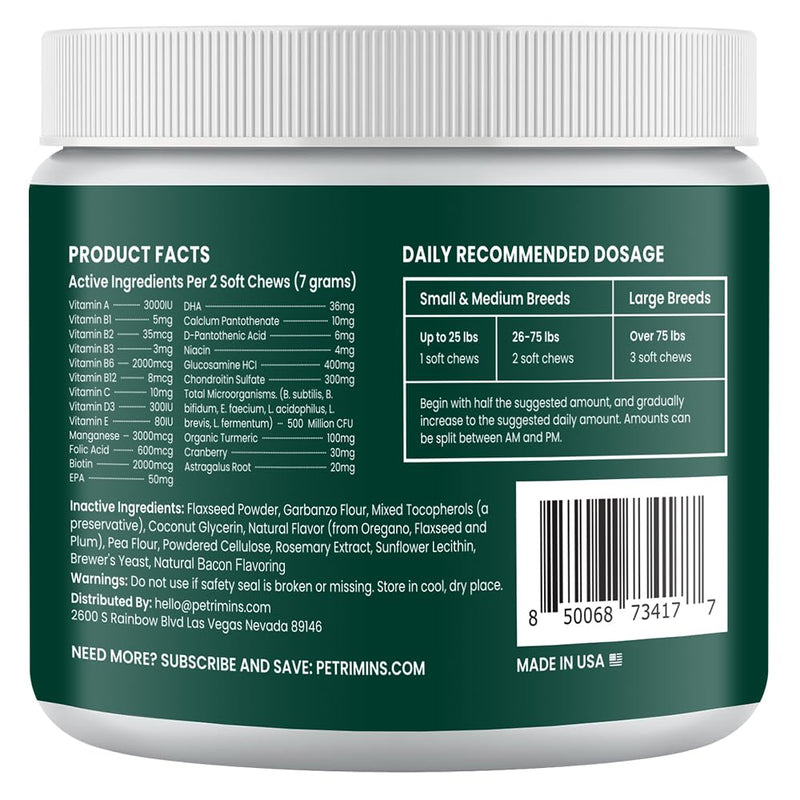 23-in-1 Multivitamin for Dogs, Comprehensive Health Support, Joint Mobility and Digestive Health, 90-Count, Bacon - PawsPlanet Australia