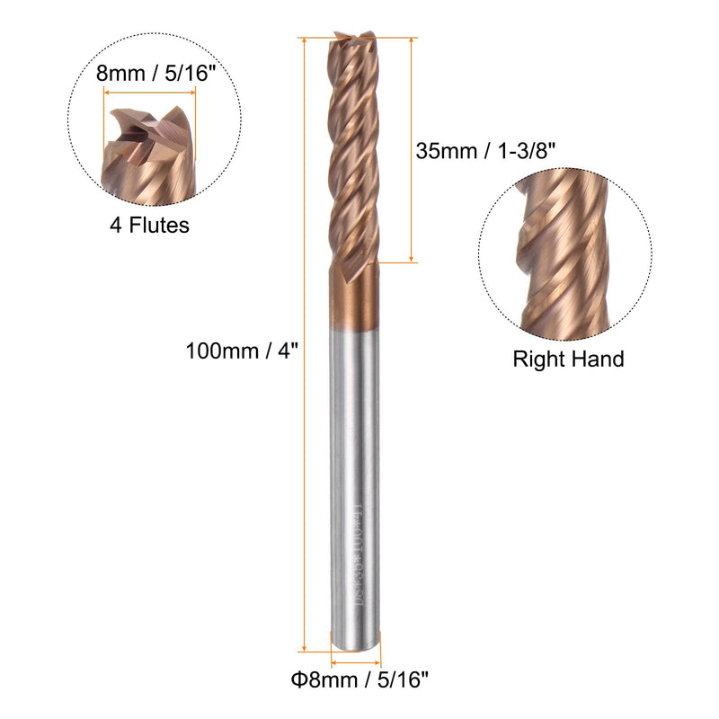 HARFINGTON Carbide Square End Mill 8mm (5/16") Dia 8mm (5/16") Shank 100mm (4") Extra Long HRC55 TiSiN Coated Micro-Grain Tungsten Carbide 4 Flutes Milling Bit Cutter