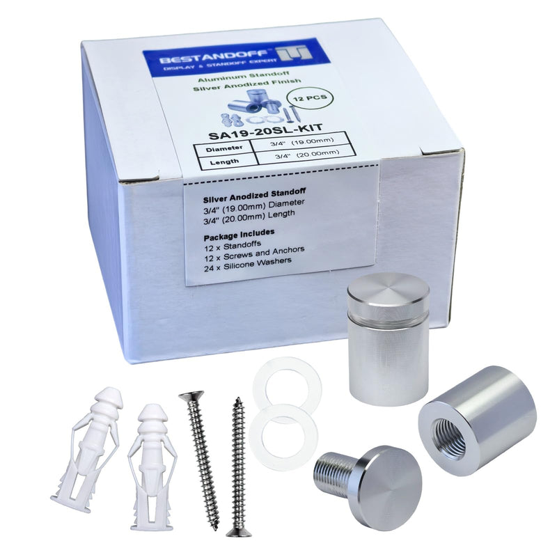Pack of 12 Aluminum Wall Spacers, Standoff Screws, Sign Standoff Mounting Hardware Glass Standoff for Acrylic Signs (Silver, 3/4" x 3/4") 3/4" X 3/4" Silver