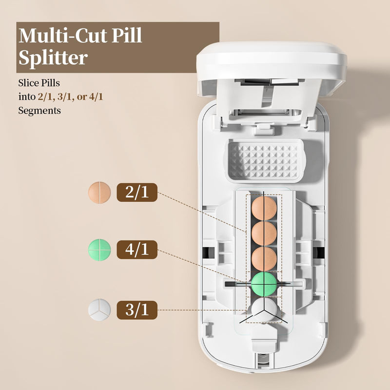 Daviky Pill Cutter Splitter for Small & Tiny Pills, Dual Safety Blades, Adjustable Centering Slot, Precise 1/2 1/3 1/4 Tablet Cutter, Built-in Storage, Portable & Senior-Friendly White