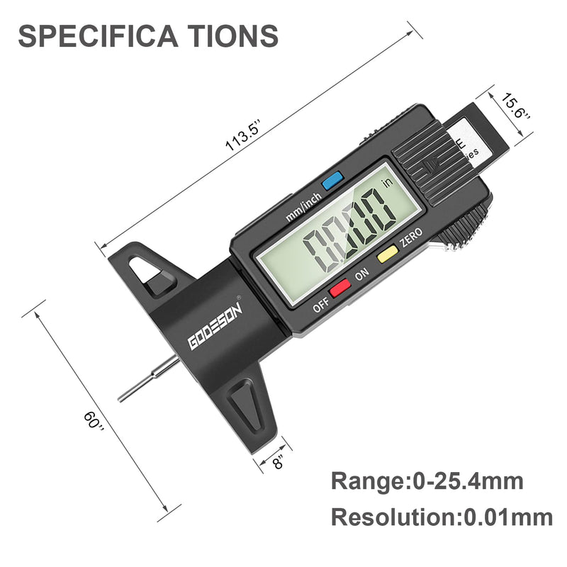 GODESON Digital Tyre Tread Depth Gauge UK,0-25.4 Mm Inch Tyre Guage Digital with Large LCD Display and Tire Tread Depth Measuring Tool for Cars,Trucks,Moto LARGE LCD SCREEN
