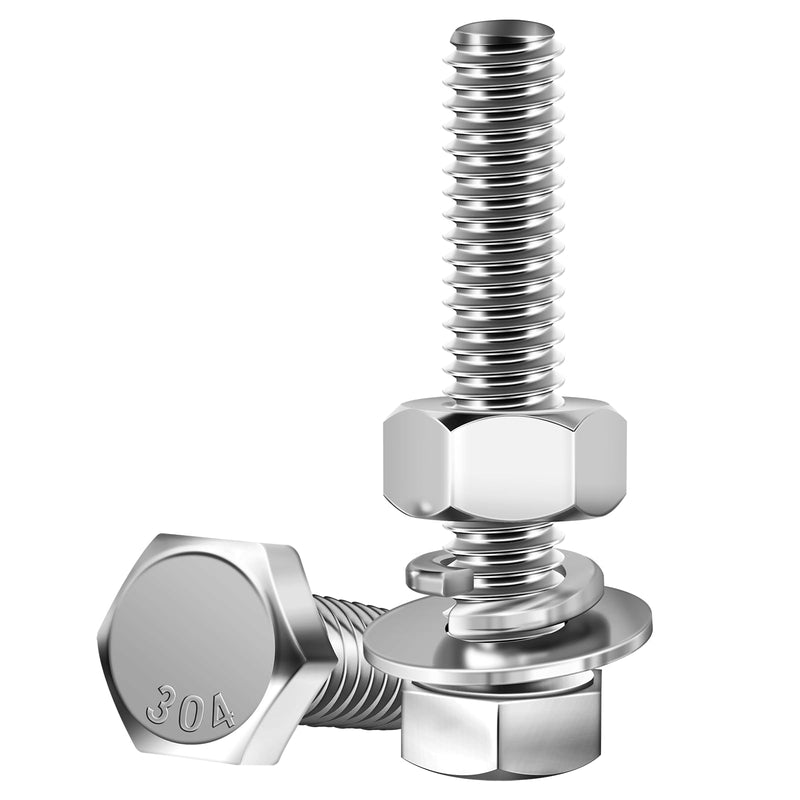 (10 Sets) 1/4-20x1-1/2 Hex Head Nuts and Bolts with Flat & Lock Washers, 304 Stainless Steel 18-8, Fully Threaded, 1/4 Bolt Metric Bolt Assortment 1-1/2" (Silver) 1/4-20" 10
