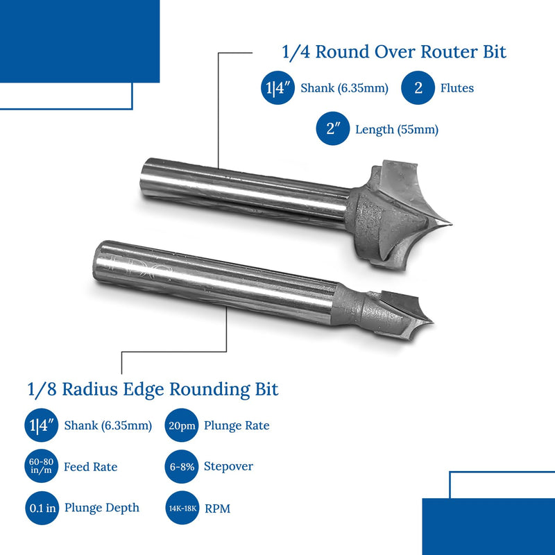Edge Rounding Bit Set - 1/4" & 1/8" Radius Pointed Tip Round Over Bits with 2 Flutes, Tungsten Carbide Material, 1/4" Shank, 2" Length, Round-Over Cut, Router Bits