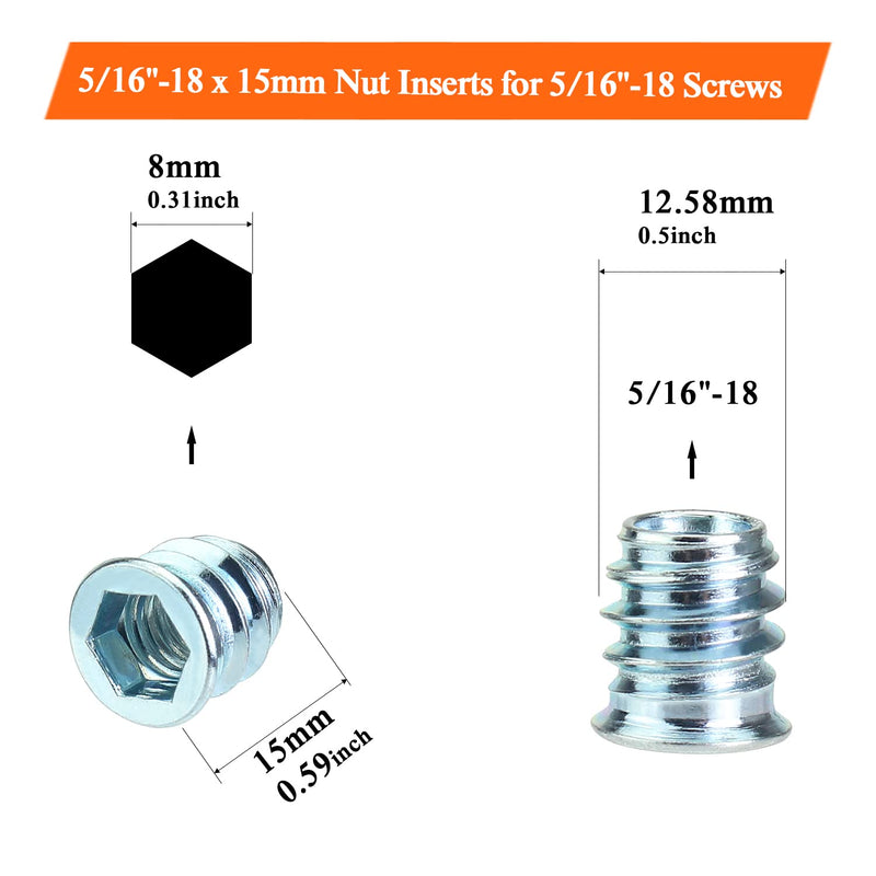 40 Pieces 5/16”-18 x 15mm Threaded Inserts with Hex Wrench, 5/16-18 Threaded Inserts, Wood Inserts, Blue Zinc Plated Carbon Steel Threaded Inserts for Wood Furniture Screw 5/16"-18 x 15mm