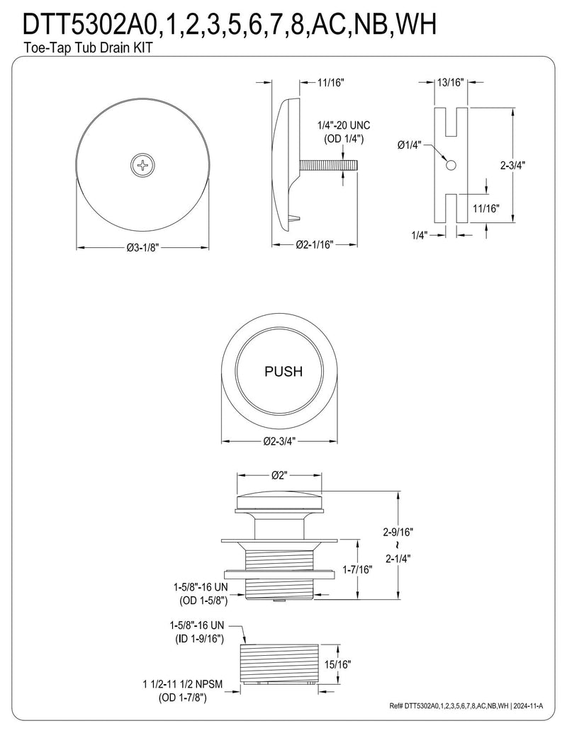 Kingston Brass DTT5302A8 Made to Match Touch-Toe Tub Drain Replacement Kit, Satin Nickel Brushed Nickel