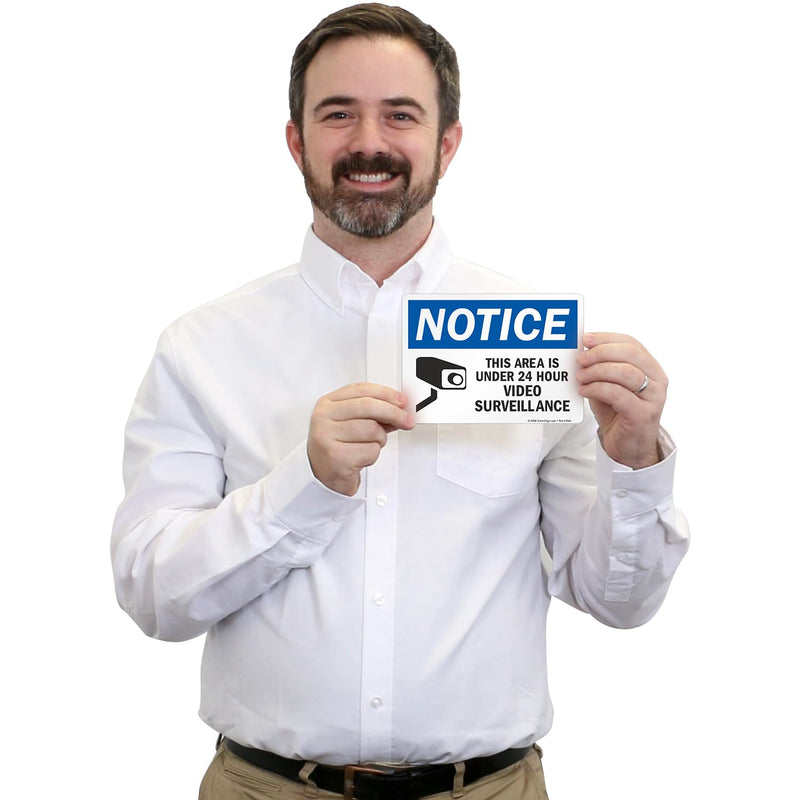 SmartSign (Pack of 4) 5 x7 inch “Notice - This Area Is Under 24 Hour Video Surveillance” Sticker Labels with Symbol, 5 mil Laminated Polyester with SuperStick Adhesive, Blue, Black and White, USA-Made 5" x 7" SuperStick Label (Pack of 4)
