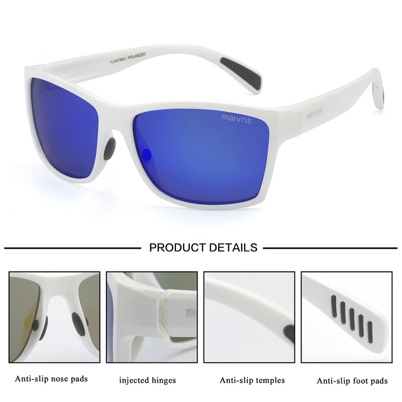 maivnz Floating Polarized Fishing Sunglasses for Men Women, Unsinkable UV400 Sports Glasses for Kayaking, Boating & Surf White Casual Frame Blue Revo Lens