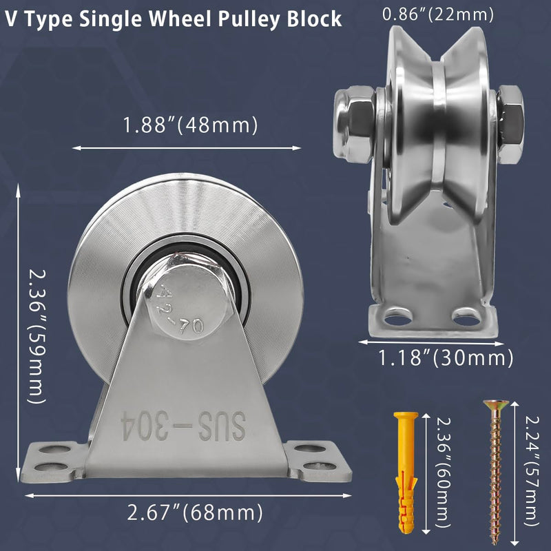 V Groove Pulley, Stainless Steel Blocks 2 Pack Super Silence Rotation Groove Wheel Pulley, for DIY Gym Equipment Handling and Moving gate wheel, with Mounting Screws and Expansion Pipes (V-Type 2Pack) V-Type 2PCS