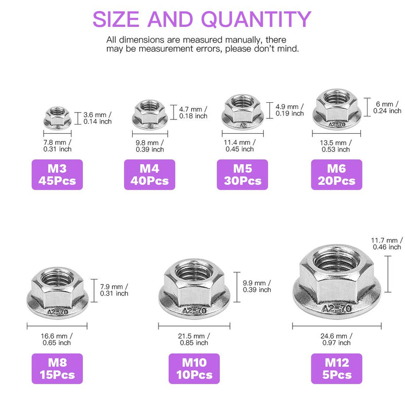 Swpeet 165Pcs 304 Stainless Steel Serrated Metric Flange Nuts Insert Hex Lock Nuts Assortment Kit - M3 M4 M5 M6 M8 M10 M12 M3-M12