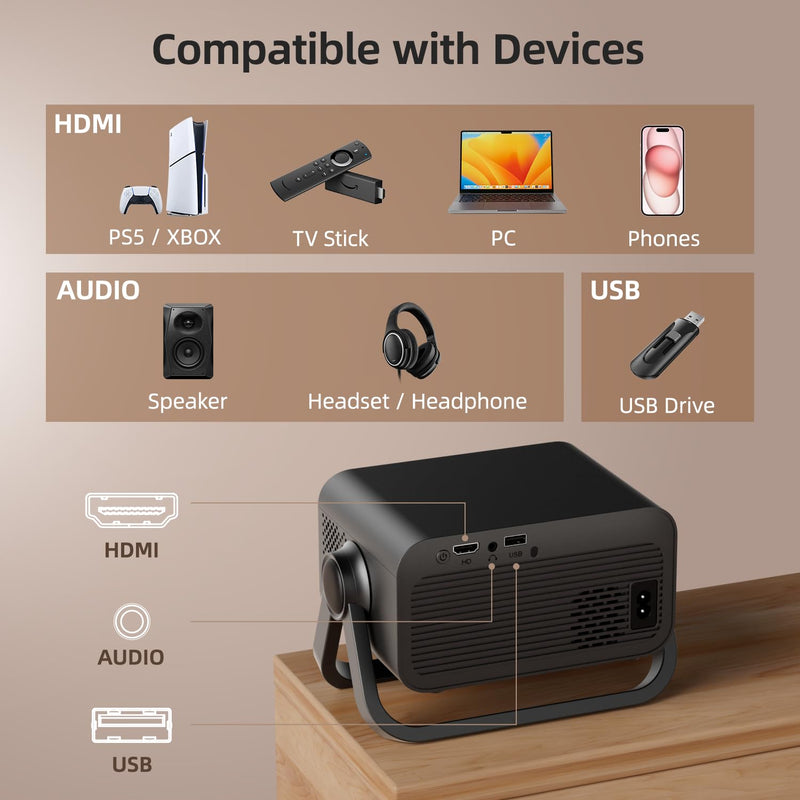 BKZ 2025 upgraded 360°Adjustable Dual Stand AI Auto Keystone Electric Focus Mini Portable Projector with Bluetooth 5.4, 1080P support Outdoor movie Projector compatible with HDMI/USB/Phone (Black) Black