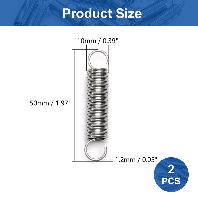 MroMax 2Pcs Tension Springs Stainless Steel, Extended Compressed Spring, Wire Diameter 0.05", OD 0.39", Free Length 1.97", Tension Spring with Hooks for Replacement Parts,Machinery Furniture 1.2mm x 10mm x 50mm 2