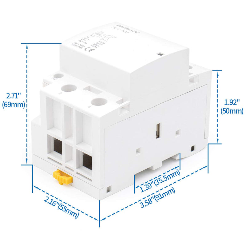 BAOMAIN 110V AC 2-Pole 100A Household Contactor, 2NO, DIN Rail Mount | HC1-100 /20,BCT-100 /20,100Amp 2 Normally open AC110V contactor for HVAC,motor,pump,and lighting control