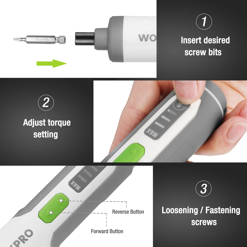 WORKPRO 4V Electric Screwdriver, Rechargeable Cordless Screwdriver Set with 35 Bits, Extension Rod, USB Charging Cable in Carrying Case, LED Light, White Gray