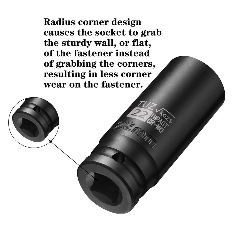 1/2-Inch Drive 22mm Deep Impact Socket with 6-Point Design, Heat-Treated Chrome Molybdenum Alloy Steel, Metric，Hex Deep Socket 1/2” Drive 22mm Deep 1/2” Drive Deep Socket