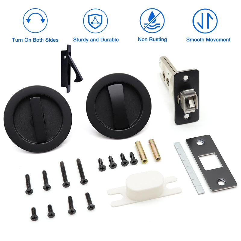 Dontay Pocket Door Passage Lock and Edge Pull, Non-Locking, Flush Mount, Low Profile Hidden Hardware, Flat Knob Handle for 1-3/8" to 2-3/16" Doors (1, Matte Black)