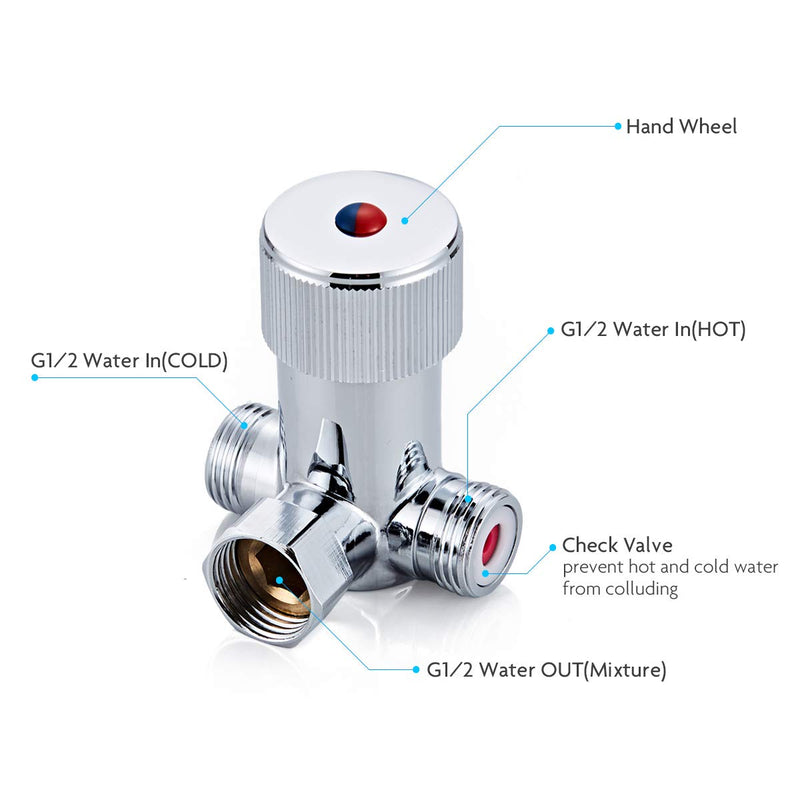 Solid Brass DN15 1/2" Hot and Cold Water Mixing Valve for Touchless Sensor Faucet,Temperature Adjustable Automatic Faucet Water Mixer Valve with Check Valve…