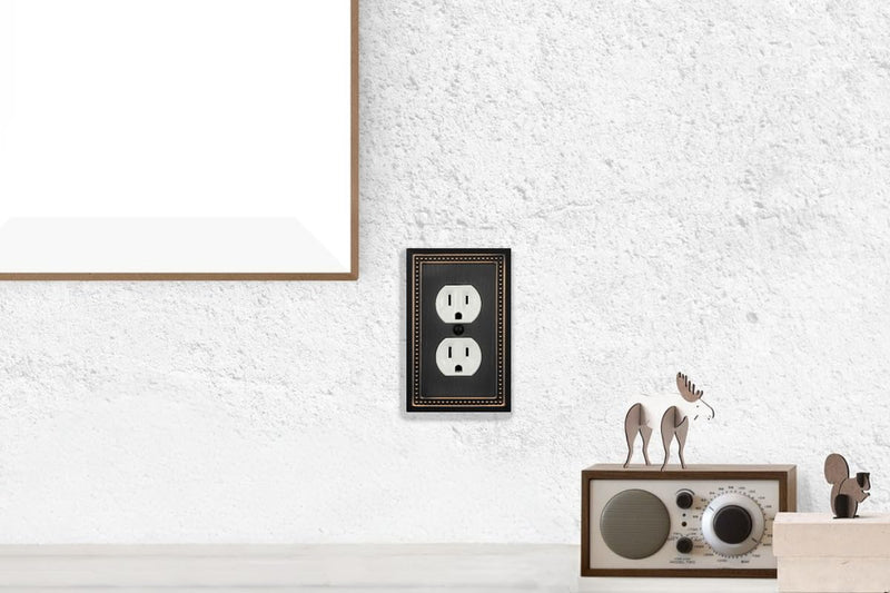 Single Duplex Outlet Light Switch Cover Belaire Beaded Metal Wall Plate, 4-Pack Aged Bronze 1 Gang, Oil Rubbed Bronze Receptacle Light Switch, Switch Cover Decorative Wallplate, Durable 1 Duplex
