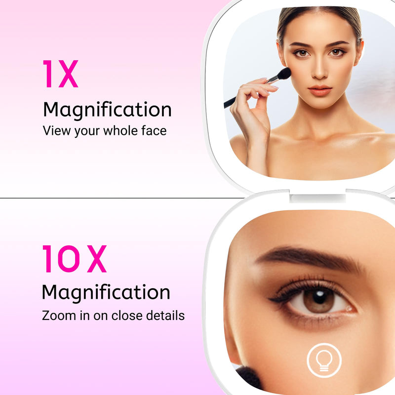 Compact LED Travel Makeup Mirror, Rechargeable Double Sided 1X/10X Magnifying Mirror, 3 Color Lighting, Dimmable Touch Screen, Foldable Lighting Mirror with USB Data Cable White