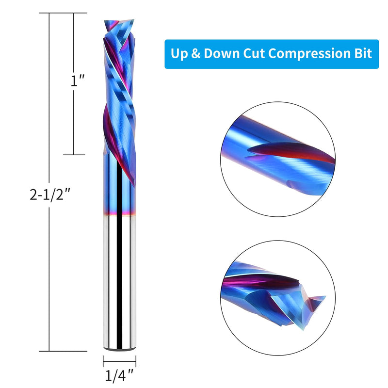 Spiral Router Bits Up Down Compression Bit 1/4 inch Cutting Diameter with Nano Blue Coated, 1/4 inch Shank Solid Carbide CNC End Mill for Wood Carving Engraver Milling Cutters COMPRESSION CUT