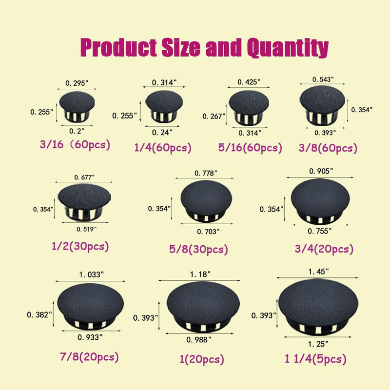 365Pcs 10 Sizes Plastic Hole Plugs Recessed Round Hole Plugs 3/16" 1/4" 5/16" 3/8" 1/2" 5/8" 3/4" 7/8" 1" 1 1/4" Snap-in Panel Lock Hole Plugs for Furniture Cabinet Hole Decorative Cover Caps (Black) Black
