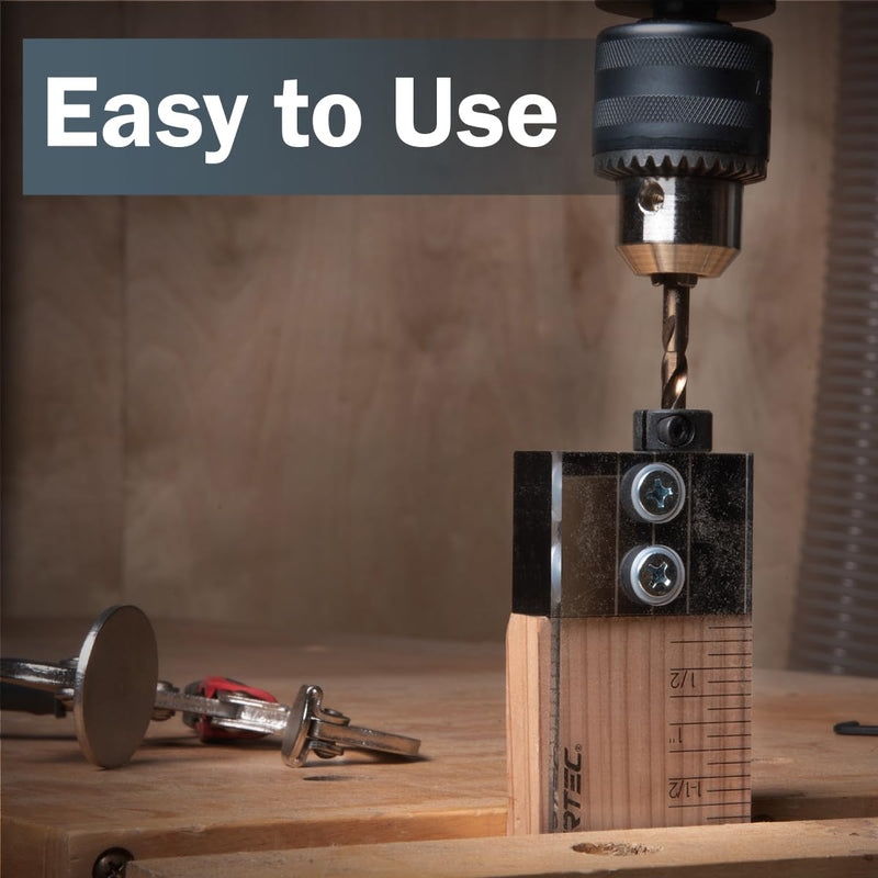 POWERTEC 71716 Dowel Drilling Jig with laser cut witness mark, included depth scale, Cobalt M-35 Drill Bit and Split Ring Stop Collar, 3/8-Inch 3/8" Dowel Drilling Jig