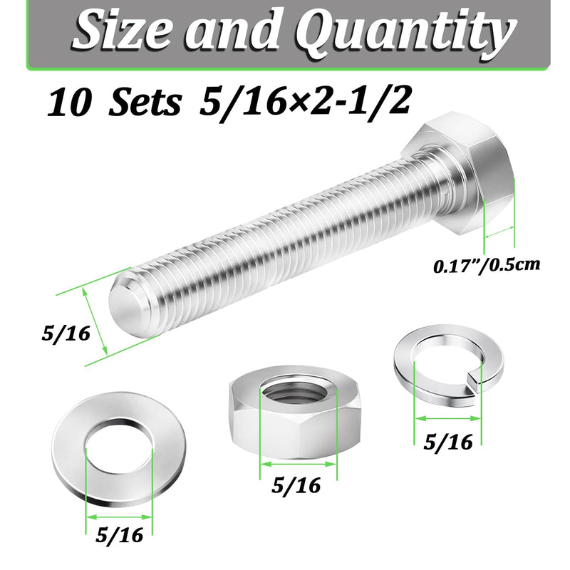 10 Sets 5/16-18 x 2-1/2" Stainless Steel Hex Head Screws Bolts, Flat, Nuts & Lock Washers,Hex Bolts 18-8(304) Full Thread 5/16-18 x 2-1/2"（10 Sets）