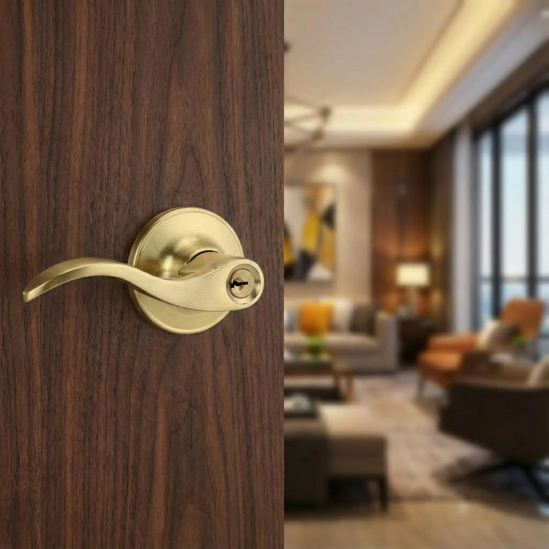 2 Pack of HENYIN Wave Lever Keyed Entry Door Lock/Door Knob Hardware Handle and Closet Lockset, Gold Color, with Key,Left Hand(805-G-L-2) 2 Pack ET(Left Hand)