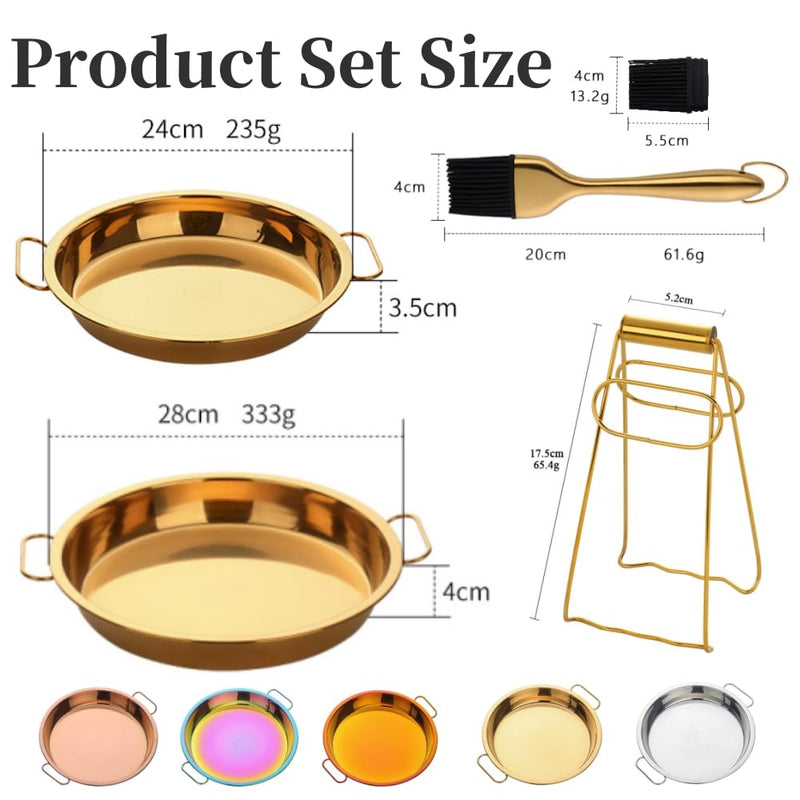 Stainless Steel 2pcs Steaming Tray Set, With plate tongs , oil brush tool，Folding handle，Chinese Liangpi Making Tools Set, For Cold Noodle，Steamed Rice，Steamer Pan Round Cake Fruit Tray (Gold) Gold