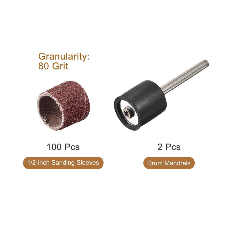 uxcell 100 Pcs 1/2 Inch Sanding Sleeves Sandpaper Set 80 Grit with 2 Pcs 1/8 Inch Drum Mandrels for Rotary Tools