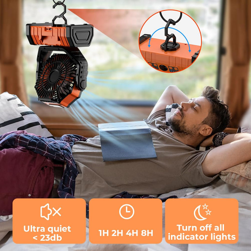 Camping Fan - 20000mAh Battery Powered Fan Rechargeable with LED Lantern - Portable Outdoor Tent Fans with Hanging Hook 4 Speeds Wind Remote Control, Black and Orange 8.9*11.4*4.6in