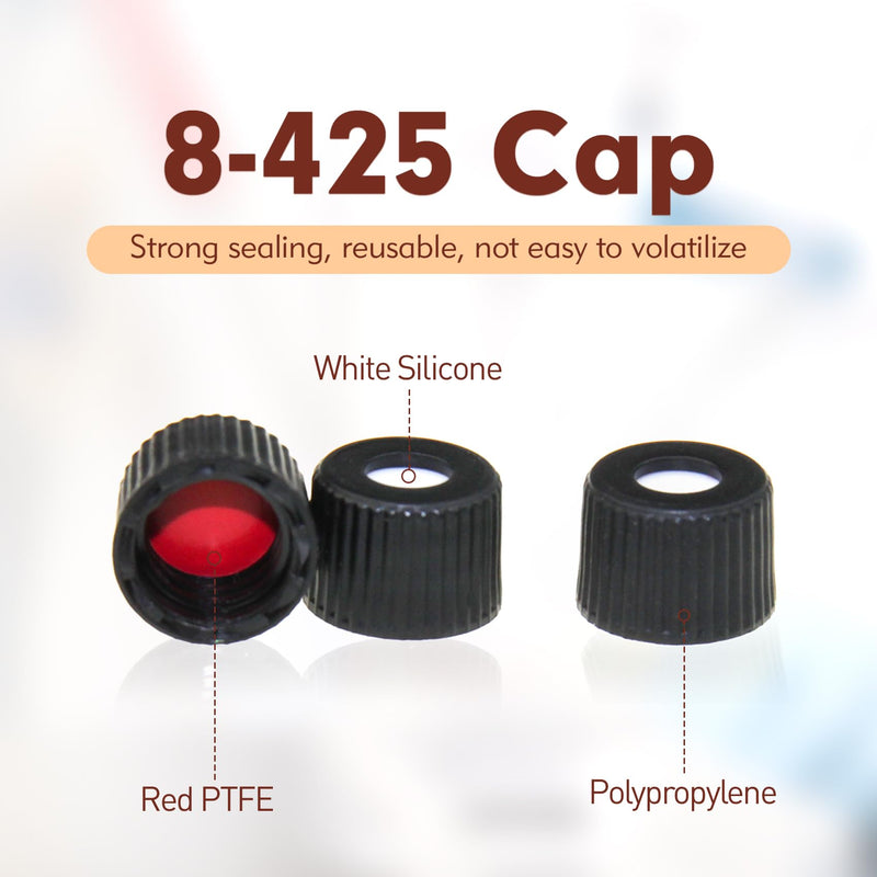 ALWSCI 2ml 8mm HPLC Vial，Amber Autosampler Vial, Borosilicate Sample Vial with Graduation, 8-425 Type Screw Threaded Vial, Black Screw Cap with Hole, Red PTFE&White Silicone Septa, 100 of Pack Amber