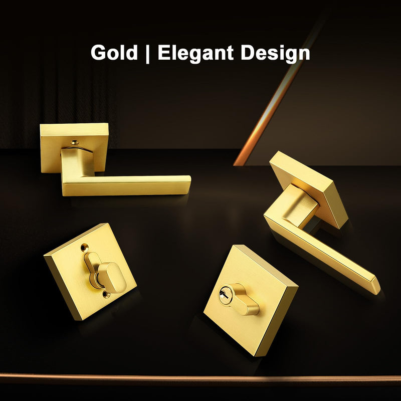 Probrico Keyed Alike Brushed Gold Exterior Door Locksets Square, Satin Brass Front Door Passage Handle and Single Cylinder Deadbolt Set, 1Pack 1