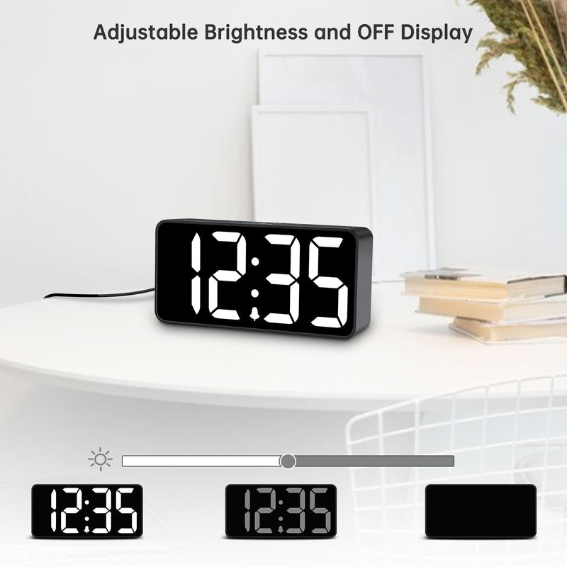 DreamSky Small Digital Alarm Clock for Bederoom, Large Big Numbers Display with Dimmer for Living Room, Electric Bedside Desk Clock with USB Charging Port, Adjustable Volume, USB-C Adapter Powered Black Case White Digits