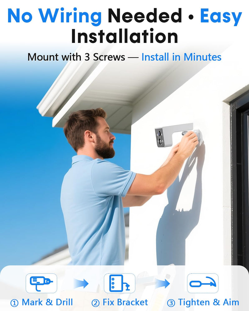 Solar Powered Outdoor Wireless Camera: 2K HD, Motion Detection, Color Night Vision, Waterproof IP67, Easy Setup for Home & Business Monitoring, No Monthly Fees White Single Pack
