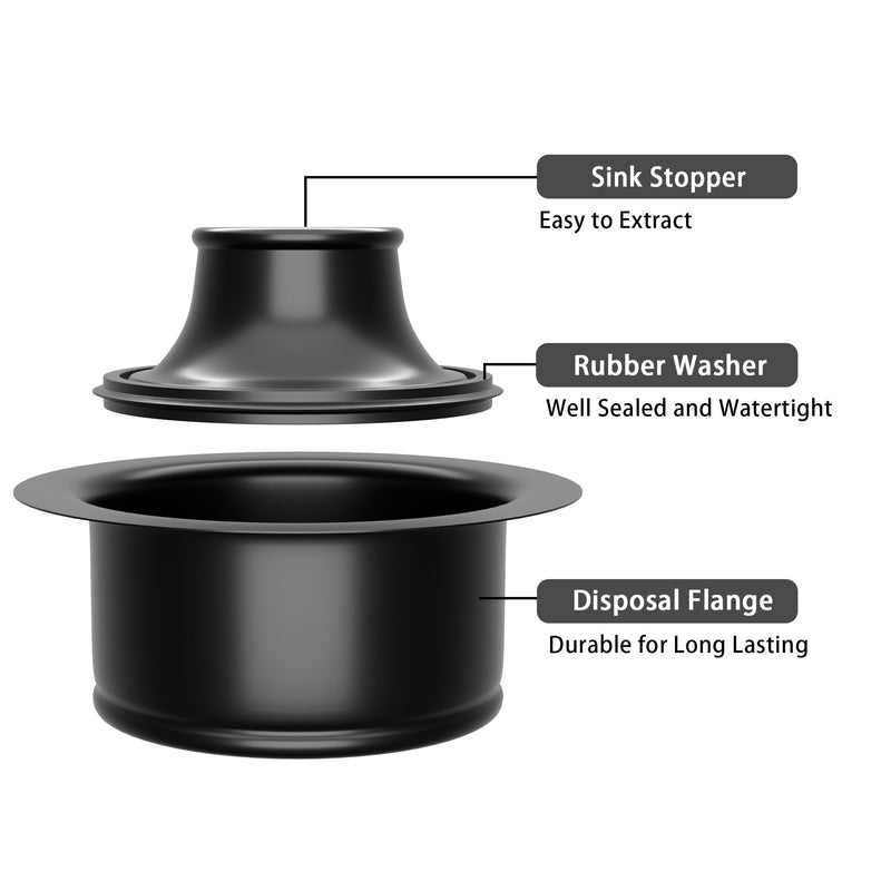 Kitchen Sink Garbage Disposal Flange and Stopper,Sink Drain Flange with Stopper for Garbage Disposal Stainless Steel Fit Universal 3-1/2 Inch Standard Sink Drain Opening Matte Black Height 1-3/4