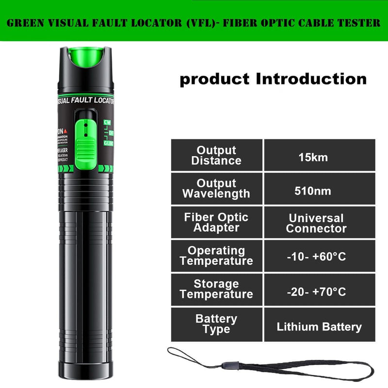 Green Light Visual Fault Locator | 510nm 15-20KM VFL for SC/FC/ST/LC Networks | Telecom & Data Center Pro Tool Green Light 15-20KM
