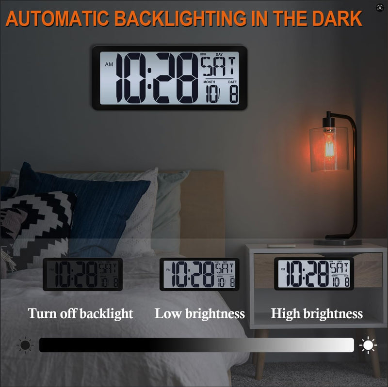 15 Inch Large Rechargeable Digital LCD Wall Clock with Backlight Glow in the Dark,Night Light Wall Clock with Week,Date & Temperature,DST,Alarm Display for Living Room, Bedroom, Gift for Elderly Black