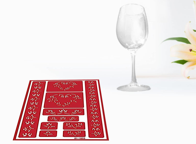 2 Reusable Glass Etching Stencils - Rose and Hearts Themed Etch Stencil - Wedding, Romantic, Love, Floral Heart, Roses Theme Design - Set Includes Brush