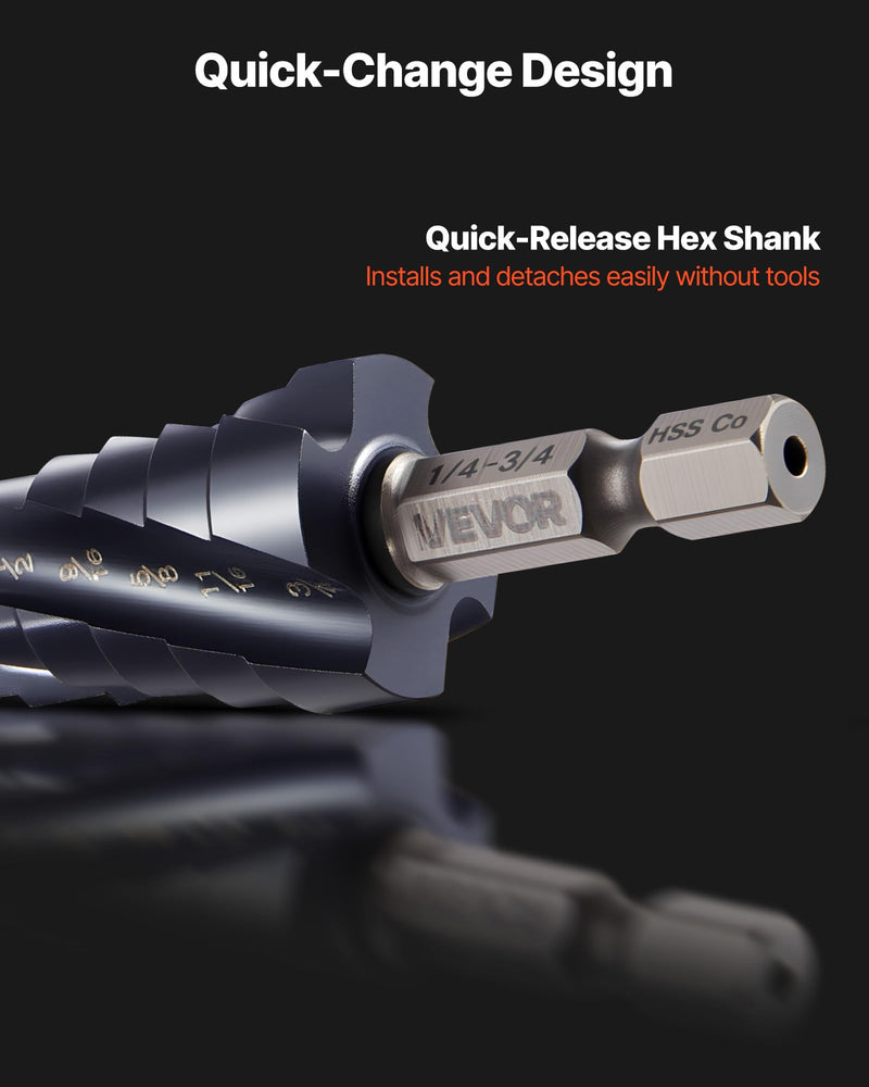 VEVOR Step Drill Bit Set, 1/8-7/8 inch, 3 Pieces Step Drill Bits, 1/4 inch Hex Shank, TiAlN Coating Cobalt HSS High Speed Steel, for Metal, Stainless Steel, Aluminum, Wood, Plastic, Fiberglass 1/8-7/8" (3-Piece Set)